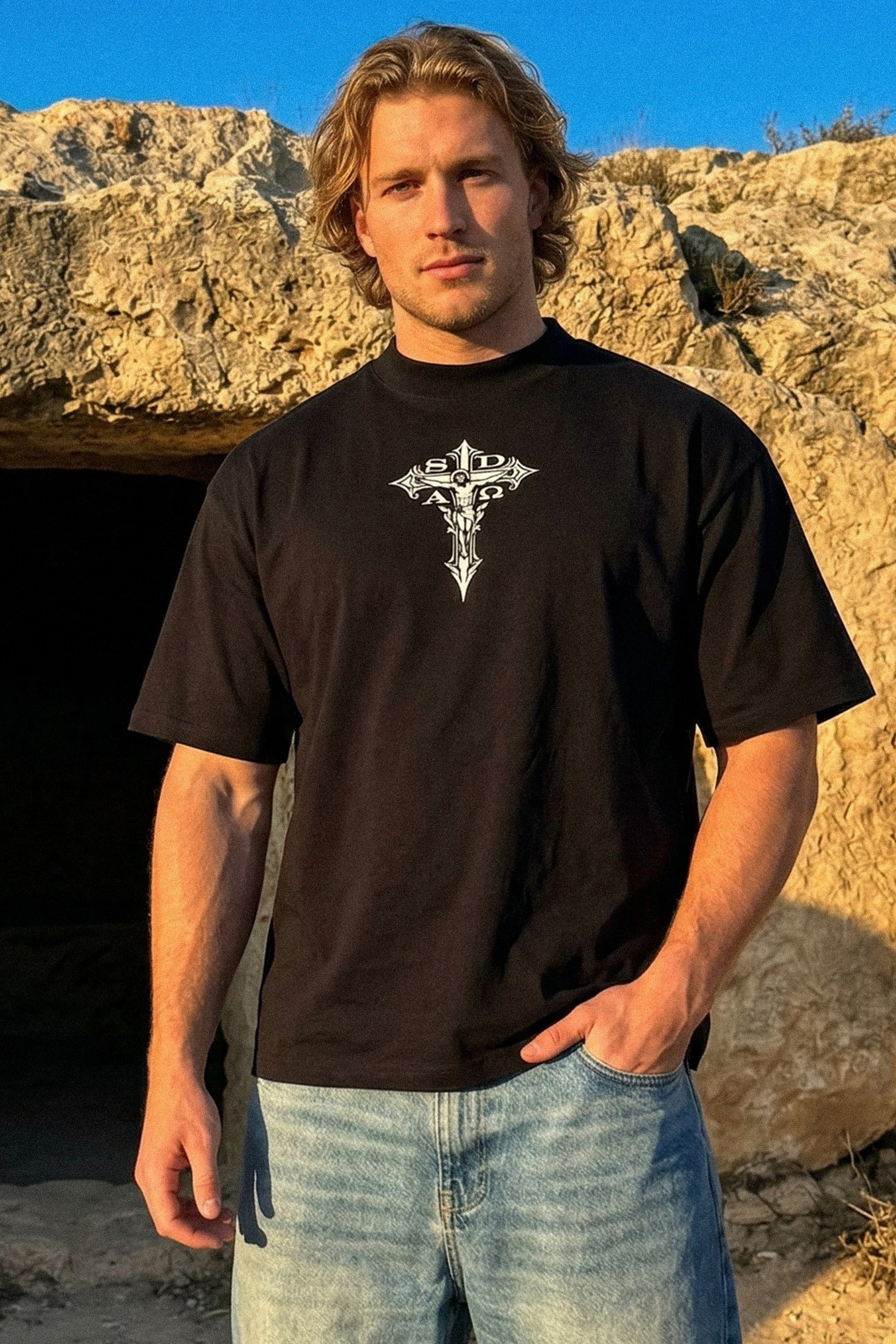 Decorative Cross - Oversized Tee - Navy/White & Black/White