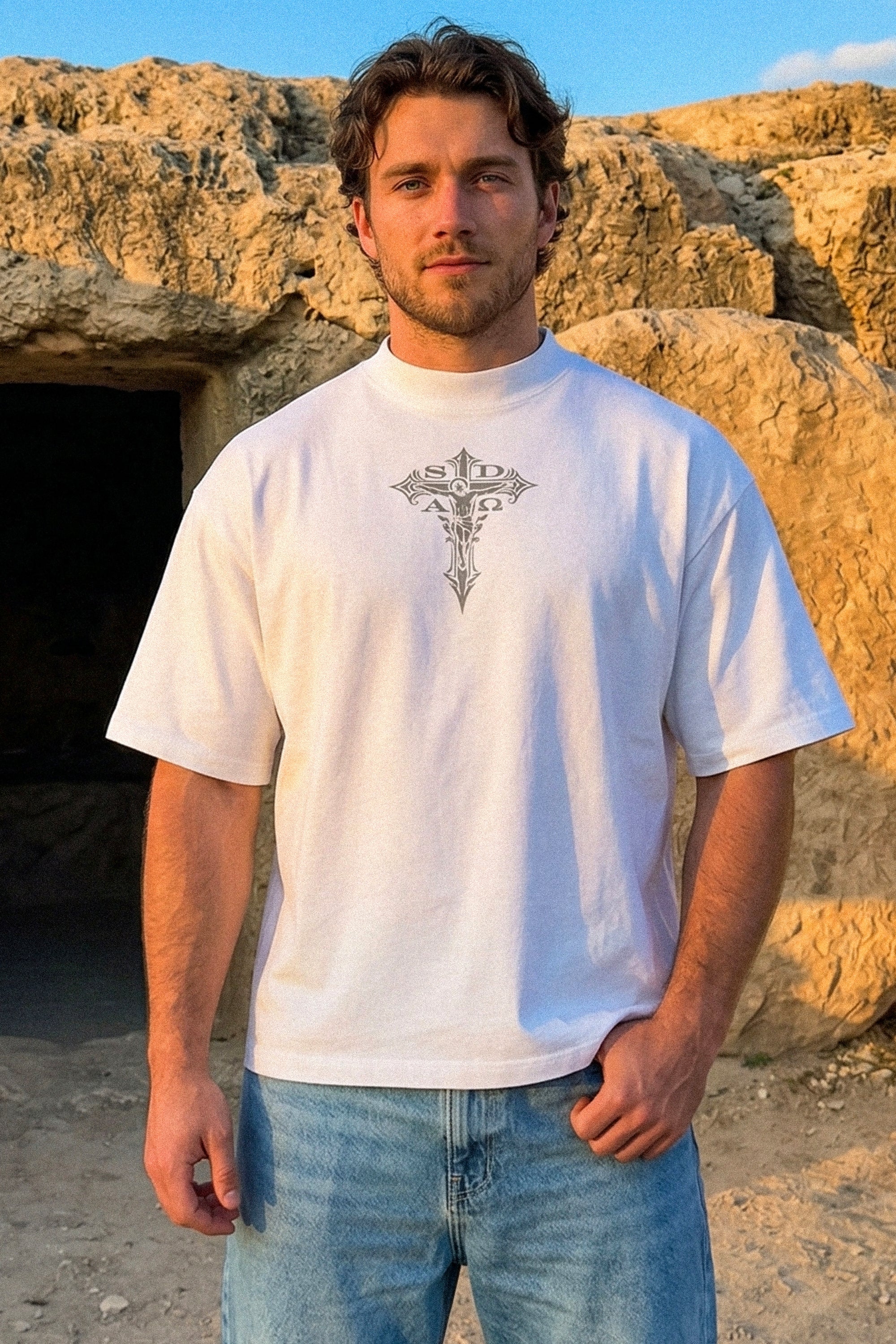 Decorative Cross - Oversized Tee - White/Grey